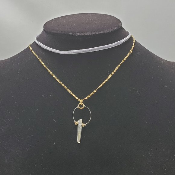 Charming Charlie 2 necklace set - clear quartz gold chain & gray velvet neck - Picture 1 of 7